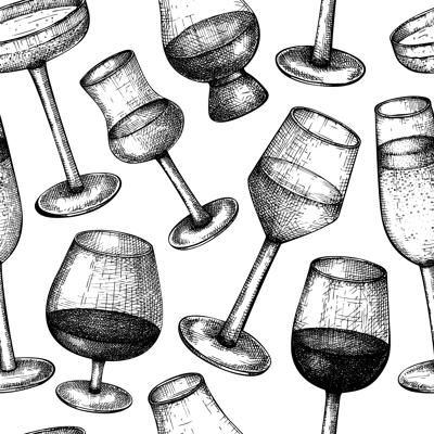 Alcoholic beverages seamless pattern. Hand-sketched alcoholic drinks glasses background. Popular alcohol drinks backdrop for bar or restaurant menu isolated on white background. Vintage bar design.